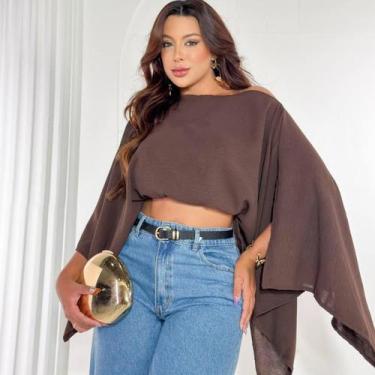 Imagem de Blusa Bata Feminina Cropped Capa Morcego com Top Faixa Tendência Boho 