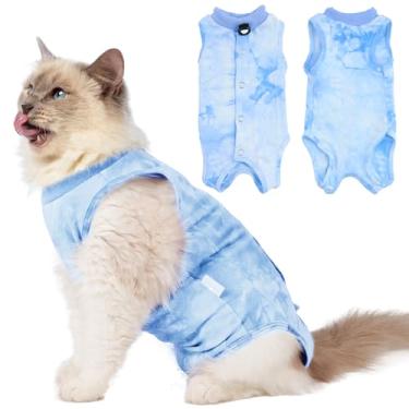 Imagem de Pacote com 2 roupas de recuperação de cirurgia para gatos para mulheres e homens, terno macio para gatos castrados, pijama confortável para gatinhos, ajuste ajustável para parar de lamber, azul G