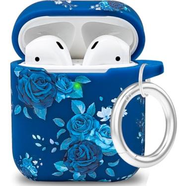 Imagem de Capa para Airpod de silicone macio com estampa floral LitoDream AirPods, capa flexível para Apple AirPods 2 e 1 Airpod Case para meninas com chaveiro – Rosa azul