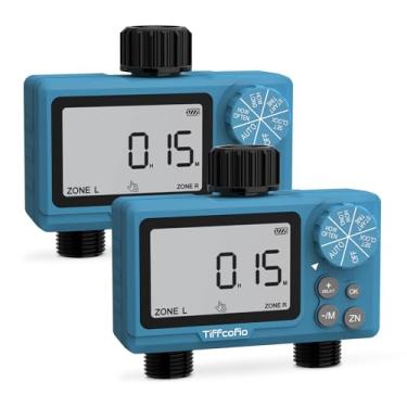 Imagem de TiFFCOFiO Temporizador de água para irrigação ao ar livre, 2 saídas pogramáveis digitais para mangueira de jardim, temporizador de irrigação com atraso de chuva e modo manual, 2 pacotes