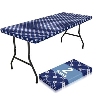 Imagem de misaya Pacote com 2 toalhas de mesa retangulares de vinil, toalha de mesa elástica com forro de flanela, capa de mesa de plástico impermeável para mesas dobráveis de 1,8 m para acampamento, ambientes