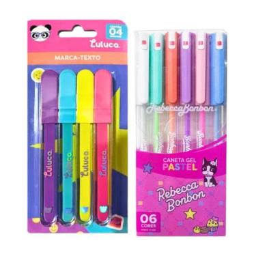 Imagem de Kit Escolar Caneta em Gel 6 Cores Pastéis + Marca -Texto da Luluca - S