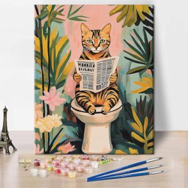 Imagem de Pintura por número para adultos, pintura de gato no vaso sanitário por números, kit de pintura de jornal de leitura de gato de Bengala por números, óleo DIY para adultos, kits de artesanato simples