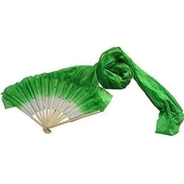 Imagem de Leque de seda de dança, fã de dança do ventre 1,8 m feito à mão colorido dança do ventre leques de seda longos véus fã de dança do ventre fantasias acessórios (verde)