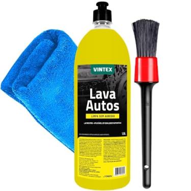 Imagem de Kit Lavagem Automotiva Shampoo Neutro Concentrado Lava Autos 1,5l Vintex Toalha Microfibra Pincel Detalhamento Karbox