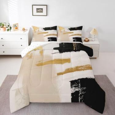 Imagem de Feelyou Conjunto de edredom de arte abstrata, preto, dourado, para decoração de quarto de crianças, meninos, meninas, adolescentes, retrô, arte em aquarela, conjunto de edredom Queen, respirável