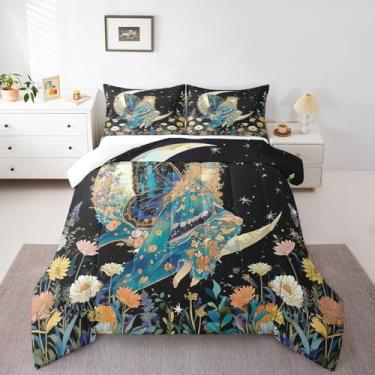Imagem de Homewish Conjunto de edredom King com estrelas e lua, borboleta azul, elfo, galáxia estrelada, todas as estações, conjunto de colcha de aquarela, flores, folhas florais, microfibra, poliéster