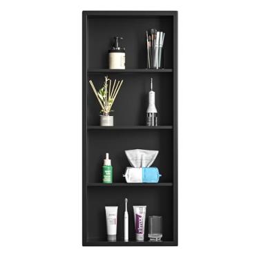 Imagem de Bernkot Armário de parede de banheiro 91 x 35 cm preto fosco sobre o vaso sanitário armário de remédios sem porta nicho de parede inoxidável com prateleira de 4 camadas para banheiro, sala de estar