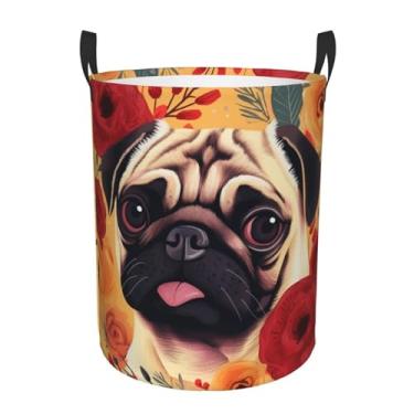 Imagem de Cesta de roupa suja dobrável à prova d'água Pug Flower Cesto de armazenamento de roupas com alças Oxford pano organizador de brinquedos cesta para banheiro, lavanderia, quarto, pequeno