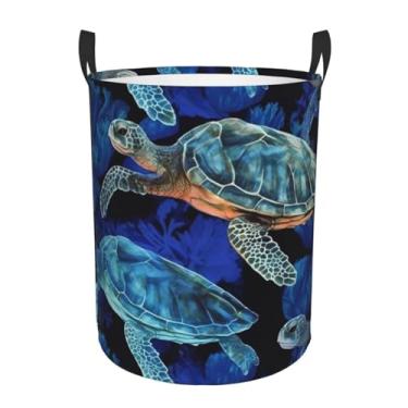 Imagem de Cesto de lavanderia com tartaruga marinha azul dobrável à prova d'água cesto de armazenamento de roupas com alças pano oxford organizador de brinquedos cesta para banheiro, lavanderia, quarto, pequeno