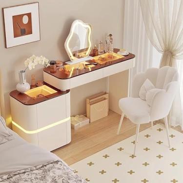 Imagem de Mesa De Maquiagem Led Moderna Com Espelho E Gavetas De Banqueta Penteadeira Moderna Com Tampo De Vidro Com Luzes Led Brilho Ajustável, 80cm