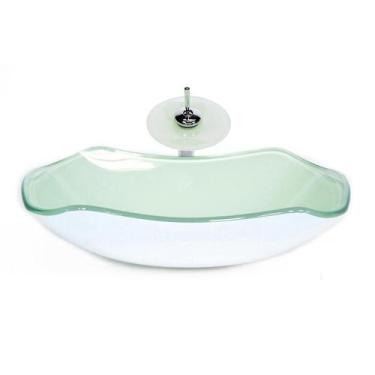 Imagem de Cuba Vidro Abaulada 51Cm Branca + Válvula + Torneira Cascata - Cubas E