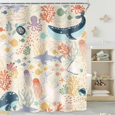 Imagem de Riyidecor Cortina de chuveiro infantil tubarão para decoração de banheiro 72Lx72H litoral náutico mar oceano baleia desenho engraçado animal submarino tartaruga arte impressa tecido poliéster
