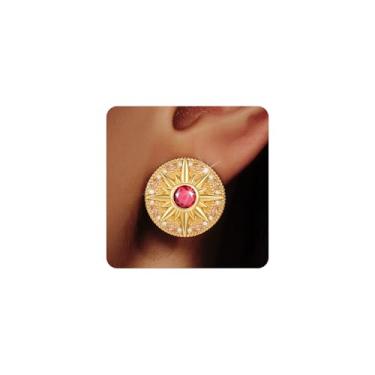 Imagem de Cicy Bell Brincos femininos vermelhos redondos banhados a ouro 18 k Corloful olho de cavalo zircão estrela do sol joias vintage presentes para amantes, mães e amigas, Free Size, Latão banhado a ouro