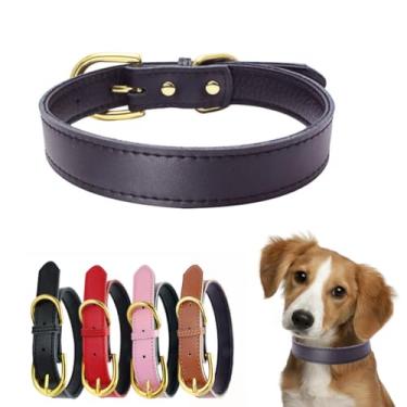 Imagem de Coleira de couro genuíno para cães com suporte para AirTag, couro bovino macio e acolchoado em dois tons, fivela dourada, durável, coleiras ajustáveis para filhotes de terrier de caça pequenos, médios