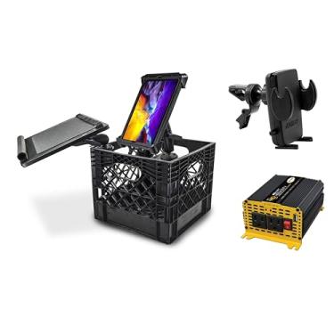 Imagem de AutoExec Estação de trabalho Milkcrate para veículos e escritório móvel com bandeja para laptop, inversor de potência de 400 watts, suporte para tablet e clipe de ventilação de telefone