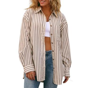 Imagem de Camiseta feminina CHYRII listrada com botões, blusa casual, bronzeada,