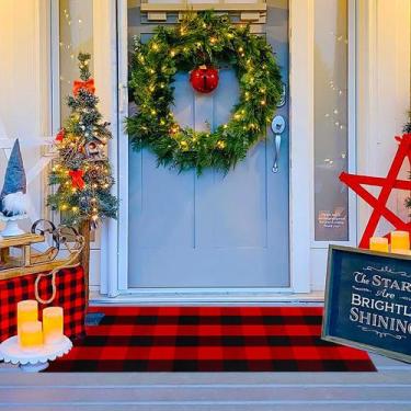 Imagem de Tapete Corzen vermelho e preto xadrez 70x130cm de Natal ao ar livre - 