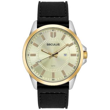 Imagem de Seculus Relógio Masculino Analógico, Pulseira Preta, Mostrador Dourado e Prateado, com Data