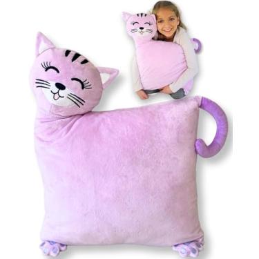 Imagem de LUNAMIRA Kids Cat Plush Pillow – Cute Bedroom Decor Throw Pillow & Movie-Night Buddy, Cuddle Sleeping Pillow, Soft Comfort Toddler Travel Pillow, Washable Cover, 16”x14” Birthday for Kids