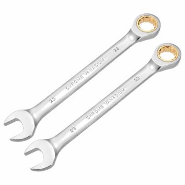 Imagem de HARFINGTON 2 peças chave de catraca de 23 mm métrico 12 pontos CR-V aço cromado alongamento caixa dupla chave catraca de extremidade aberta com 72 dentes e chave inglesa de 5° para reparo