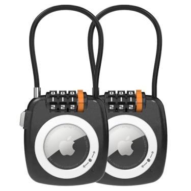 Imagem de TUXON Compatível com Apple AirTag Secure Lock com cabo de arame, fechaduras de bagagem de combinação de 3 dígitos, corpo de liga ultradurável, capa protetora antiperda para bagagem, mala (preto * 2)