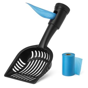 Imagem de ARMATY Colher de cocô 2 em 1 com acessório de bolsa, pá de areia para gatos com bolsa, dispensador embutido, inclui rolo de lixo, limpeza de enxágue, antiaderente, peneira inteligente, cabo longo