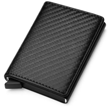 Imagem de Carteira Minimalista Masculina em Couro Sintético Preto, Design Texturizado, Porta Cartões com Sistema Pop-up