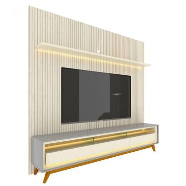 Imagem de Rack Com Painel Requinte Retrô Ripado 3d Com Led Requinte Cinza Com Off White - Gelius Móveis