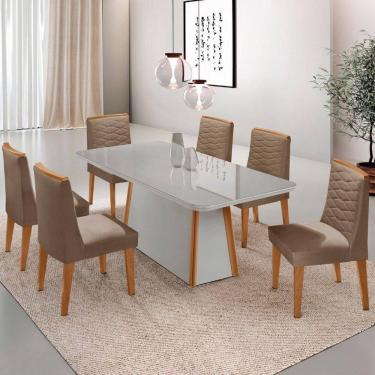 Imagem de Mesa De Jantar Diane 180cm Mdf Vidro Com 6 Cadeiras Moderna Veludo Capuccino Off White Serigrafia
