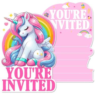 Imagem de MQCLYSG Convites de festa de unicórnio fofos com envelopes - conjunto de 20 convites de unicórnio para meninas, aniversário, festa infantil, convites dupla face