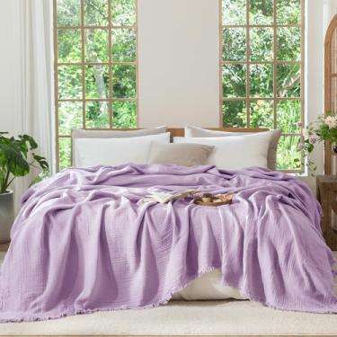 Imagem de MooMee Cobertor de musselina - Cobertor de gaze 100% algodão de 4 camadas com borlas ultramacio respirável leve refrescante para sofá de cama (roxo claro, King 264 x 228 cm)