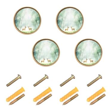 Imagem de Burbuja Maçanetas de armário de cozinha Forest with Deers, pacote com 4, puxadores redondos de 3,5 cm, puxadores de cômoda com parafusos para armários de cozinha, quarto, armário