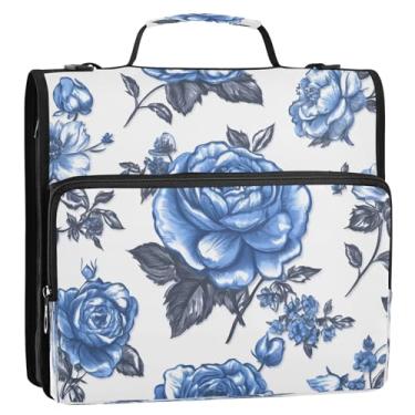 Imagem de CEBUGI Fichário de 3 anéis com zíper com alça de ombro, pasta de arquivo expansível de 3,8 cm, anéis D, para escola, escritório, buquê azul retrô