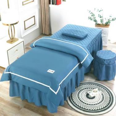 Imagem de Conjunto de lençóis de mesa de massagem, 4 peças, capa de cama de salão de beleza, simples, cor sólida, salão, spa, beleza, respirável, fumigação, massagem, saia de mesa, roupa de cama, fronha, capa