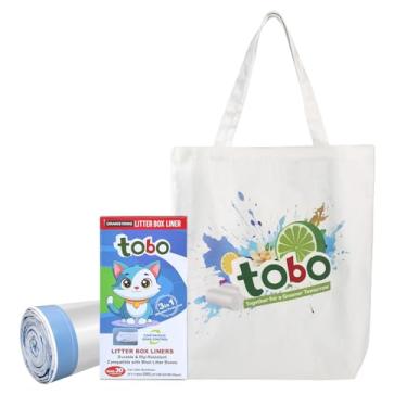 Imagem de Tobo Forros para caixa de areia para gatos, 30 unidades, sacos de cordão extraduráveis de 2 mil (94 cm x 43 cm) com alças de gravata + sacola de lona reutilizável, resistente a vazamentos, fácil