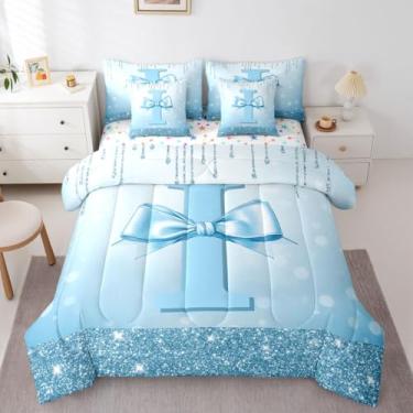 Imagem de Conjunto de cama casal de 7 peças com laço fofo para meninas adolescentes com letra I | Cama de laço moderna feminina em uma bolsa, monograma, moderno, conjunto de edredom com lençóis, alfabeto