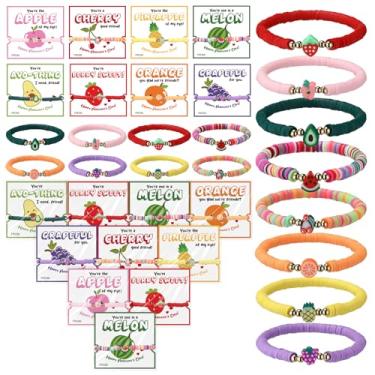 Imagem de Ecally 24 Sets Valentines Day Gifts Bulk Fruit Clay Bracelets with Cards Bags Valentine Fruit Themed Gift Exchange for Women Valentine's Party Favors Classroom Reward Prize Friendship Cards