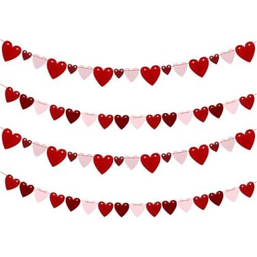 Imagem de 4 peças Guirlanda de feltro de coração para dia dos namorados 2,8 m, faixa vermelha e rosa de coração para decoração de dia dos namorados, para porta de casa, parede, casamento, festa de aniversário