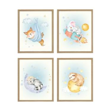 Imagem de Impressed.co Arte de parede de berçário em aquarela sonhadora, conjunto de 4 peças, 20 x 25 cm, tema animal fofo, decoração para dormir de bebê, impressões sem moldura para recém-nascidos e crianças