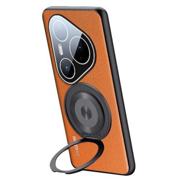 Imagem de LTLMYDAM Capa fina para Huawei Pura 80 Ultra/80 Pro/80Pro+/80, suporte de anel traseiro com textura de lichia proteção de lente capa de couro empresarial, laranja, 80 Pro+