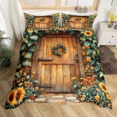 Imagem de Conjunto de capa de edredom de porta de celeiro antigo, tamanho Queen, capa de edredom de folha de girassol desabrochando 3 peças, conjunto de cama rústico listrado de madeira para quarto de crianças