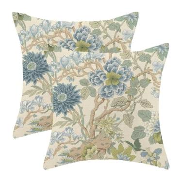 Imagem de BETGINY Chinoiserie Capas de almofada 40,6 x 40,6 cm, pacote com 2, fronhas decorativas florais verdes e azuis para ambientes externos de linho vintage chinoiserie para decoração de sofá de casa