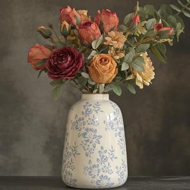 Imagem de Vaso de cerâmica vintage, vaso decorativo floral chinoiserie azul e branco, rústico retrô fazenda acabamento rachado vasos para flores, decoração de casa, sala de estar, cozinha, escritório, azul