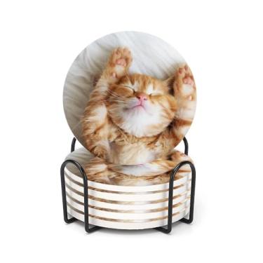 Imagem de Conjunto de 6 porta-copos para bebidas, gatinho, gengibre, absorvente, redondo, com base de cortiça e suporte de metal, decoração de bar para casa, presente de aquecimento de casa