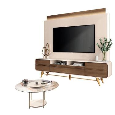 Imagem de Estante Home Theater Nobre Off White Castanho E Mesa De Centro Sky Com Tampo De Vidro Off White- Hb Móveis