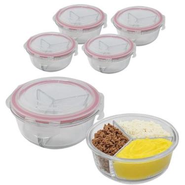 Imagem de Kit 4 Potes De Vidro 875ml 3 Divisórias Hermético Marmita Fit Com Trav