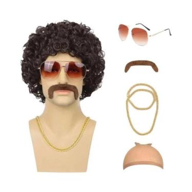 Imagem de Conjunto De Peruca Masculina Disco Anos 70/80 Com Bigode, Óculos, Cola