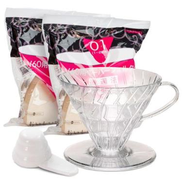 Imagem de Kit Hario V60-01 com Coador de Acrílico Transparente e 200 Filtros Nat