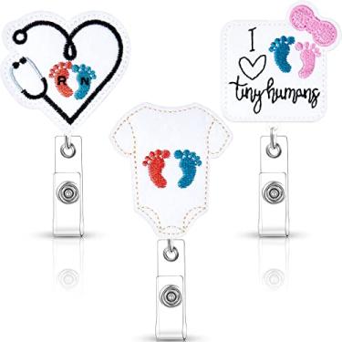 Imagem de 3 peças de carretel retrátil para crachá de identificação para pés de bebê com clipe, suporte de crachá de feltro retrátil para crachá de parto e entrega, presentes para enfermeiros RN pediátricos, estudantes e médicos